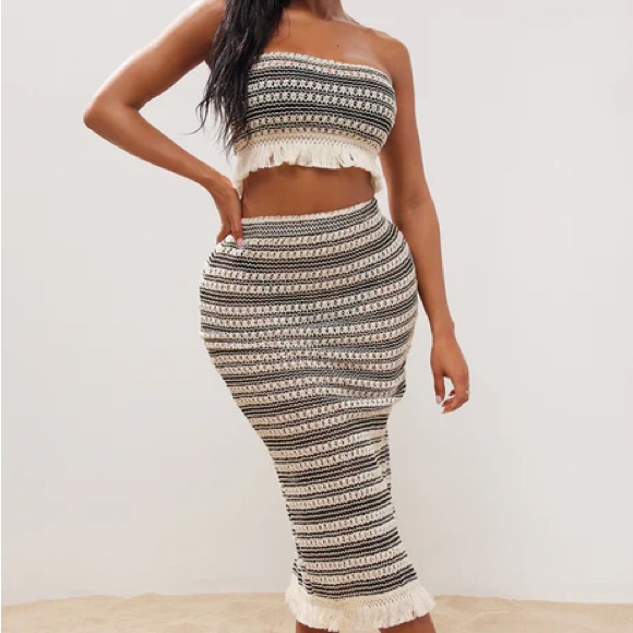 Fashion Nova Cream And Brown Midi Pencil Skirt Set